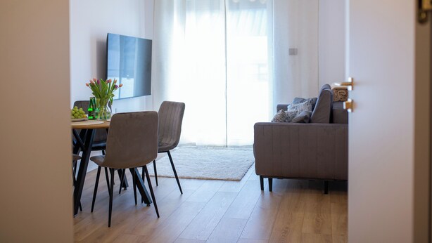 A modern living room with a sofa, chairs, a dining table with a vase of flowers, and a TV mounted on the wall. - Busko Zdrój Comfort Apartment (Busko-Zdrój)