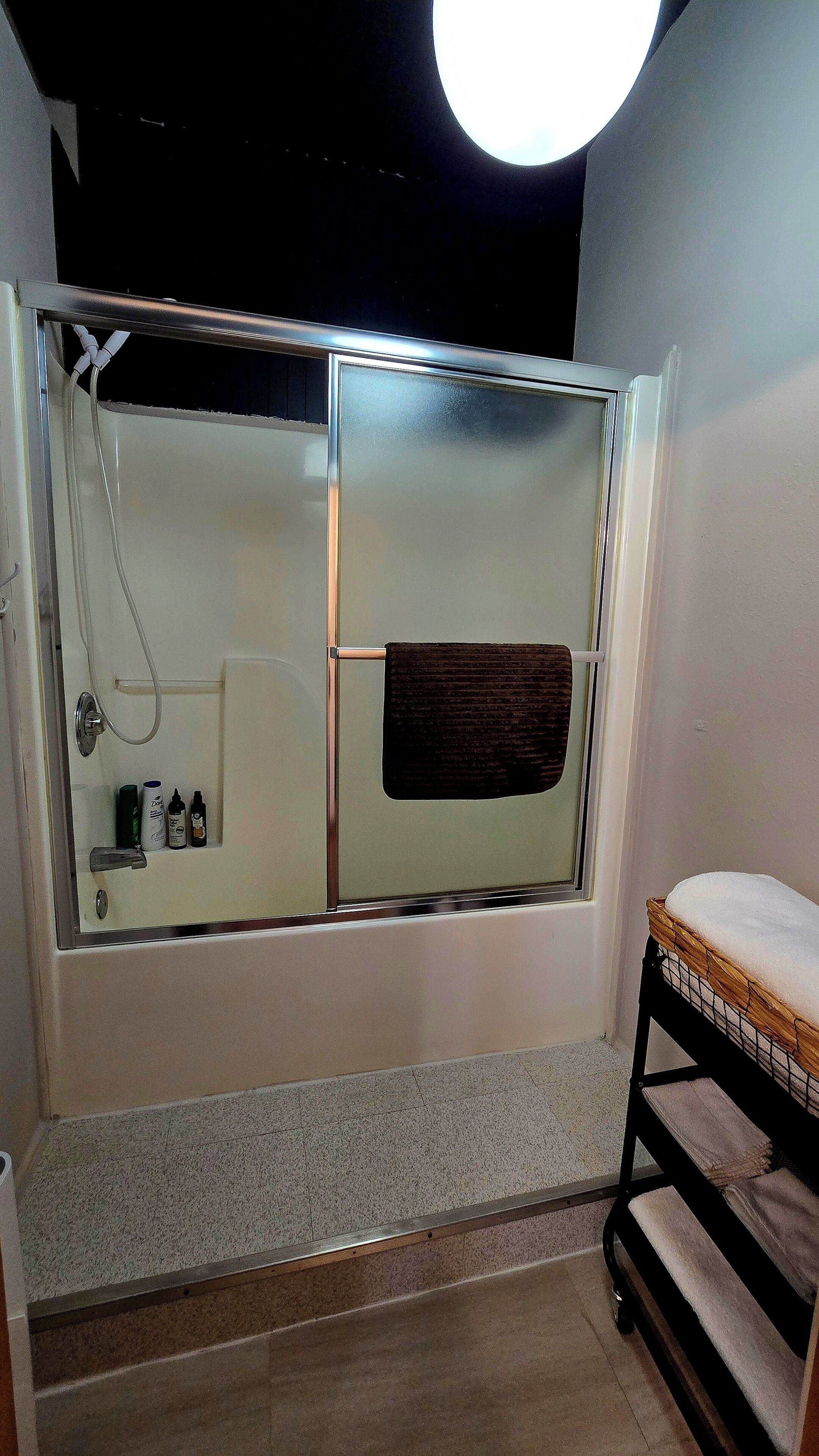 Hair dryer, towels, soap, shampoo