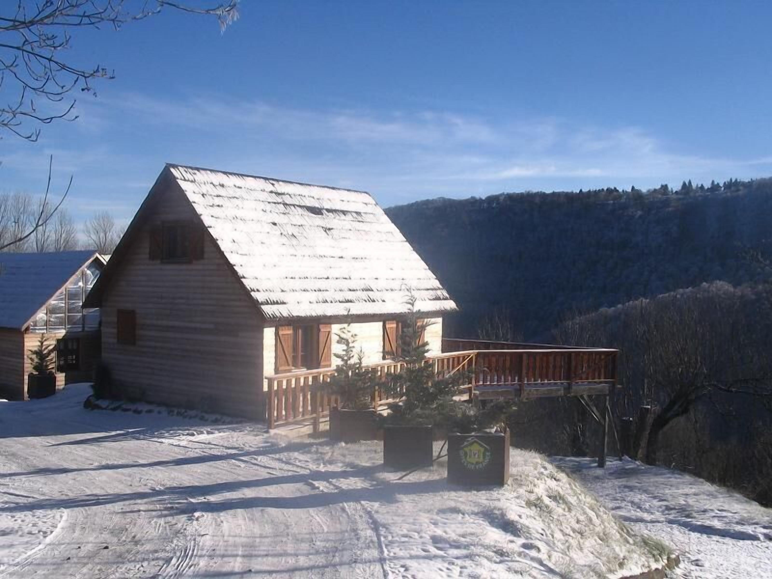 A log cabin with a wooden deck, surrounded by snow-covered ground and a mountainous backdrop.