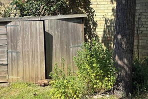 A wooden shed with a partially open door, a tree, and some greenery in front.