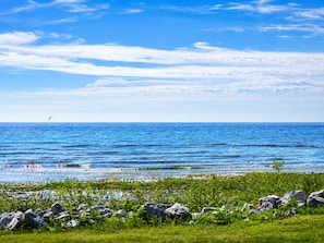 A coastal landscape with a clear sky, calm sea, and a rocky shoreline with vegetation.