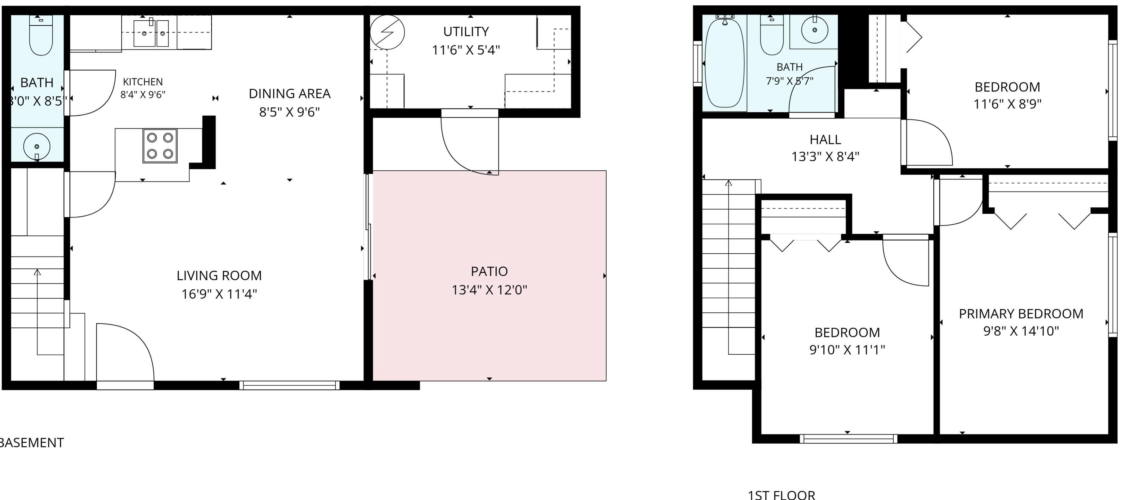 Indeling van de eerste verdieping met een woonkamer, patio, eethoek, keuken, badkamer en bijkeuken.