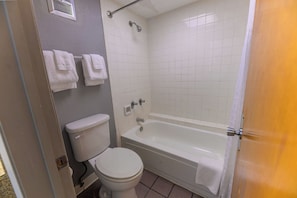 A bathroom with a toilet, a bathtub, and a shower.