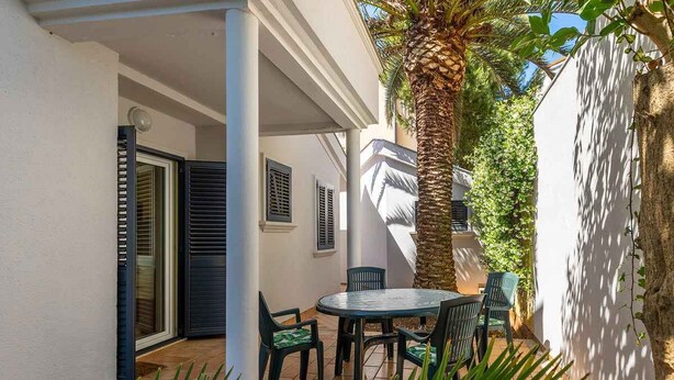 Un patio techado con una mesa, sillas, una palmera y una pared blanca.