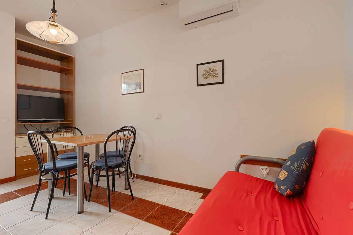 A compact living space with a dining area, a sofa, and a television.