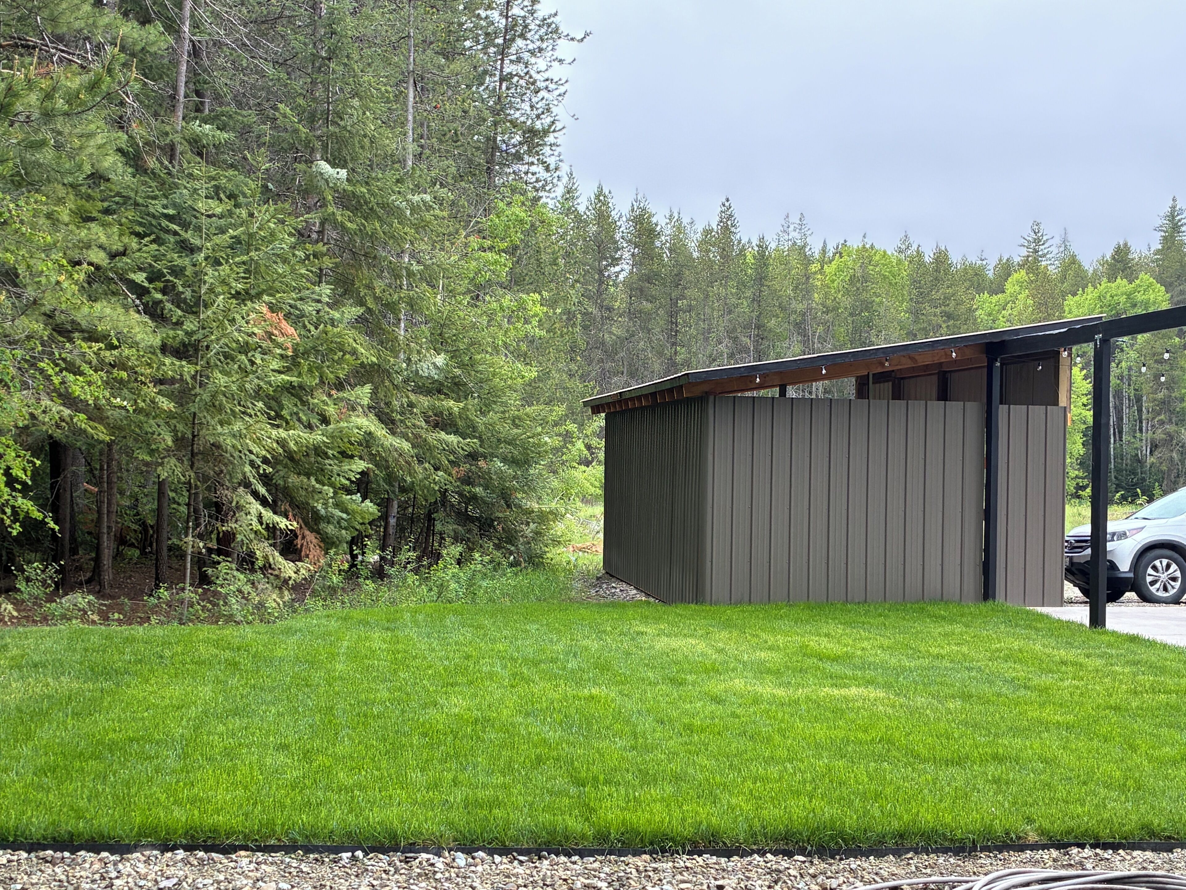 A green lawn, a wooden shed, and a vehicle in a forested area.