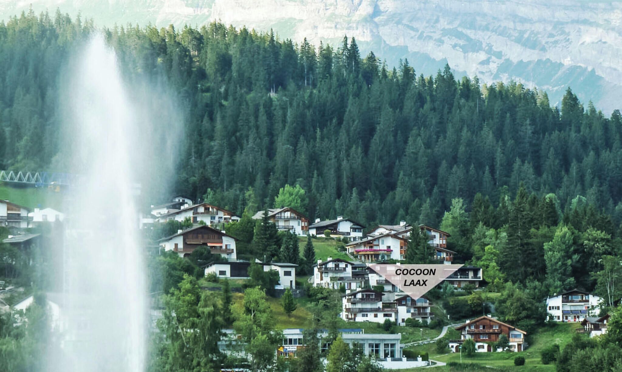 Un quartier résidentiel avec des maisons entourées d’une forêt dense, un point d’eau bien visible et l’inscription « COCOON LAAX » indiquant le lieu.