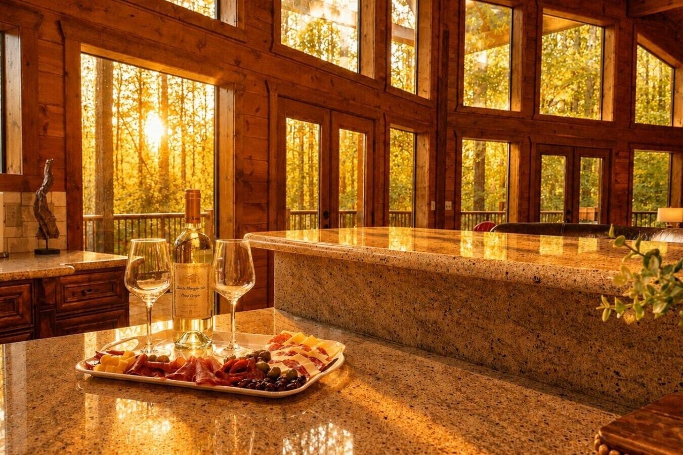 A wooden interior with large windows, a marble countertop, and a charcuterie board with wine glasses.