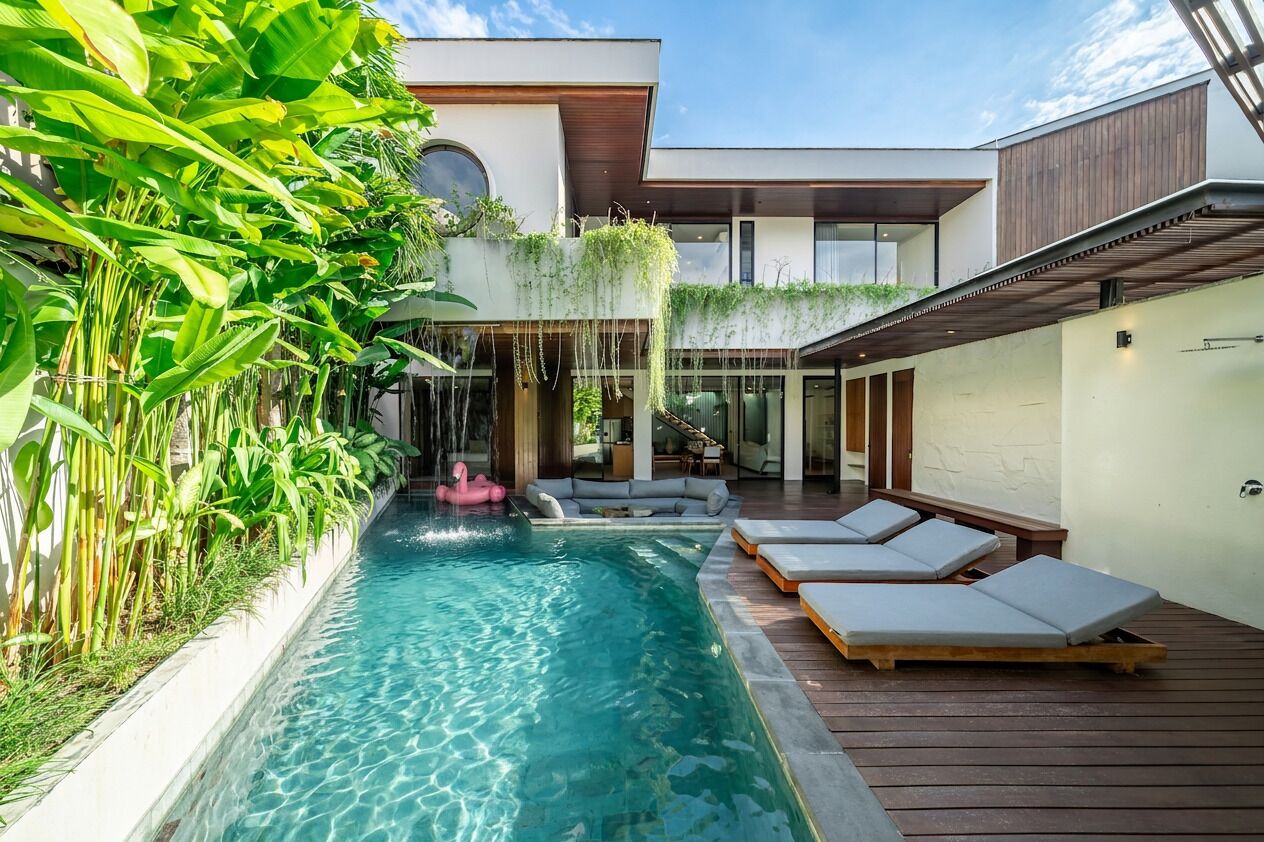 Un área de piscina moderna al aire libre con terraza de madera, sillas de descanso y una cascada.
