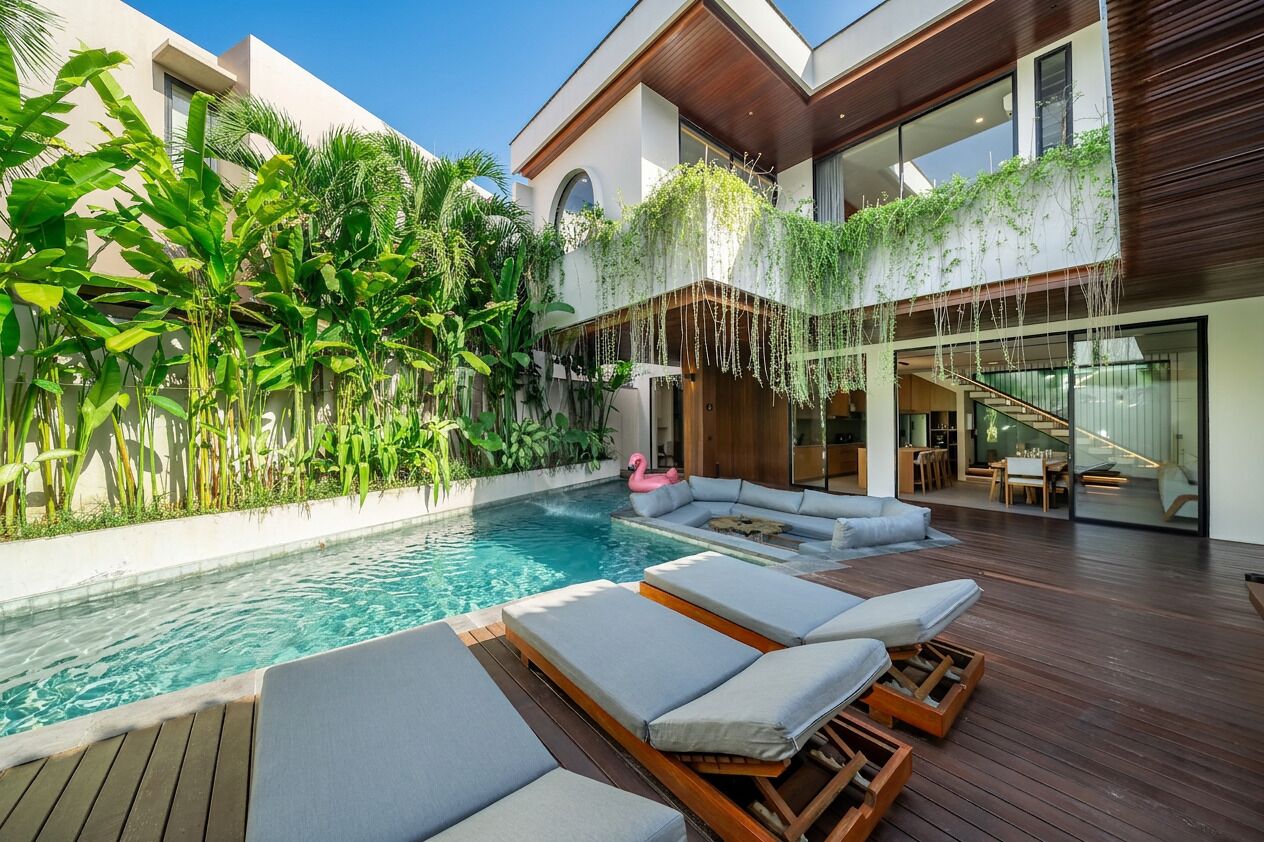 A modern house with a swimming pool, lounge chairs, and lush greenery.