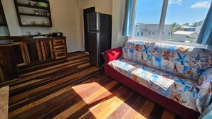 Un espacio habitable pequeño con kitchenette, un sofá con funda estampada, un mueble de madera y una ventana con vista a edificios.