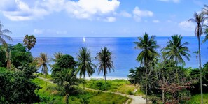 A coastal landscape with a path leading to the beach, palm trees, and a sailboat on the water. - SunTien, A Spectacular 4br Beach Front Pool Villa (Pha-ngan)