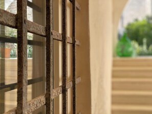 A close-up of a window with metal bars.