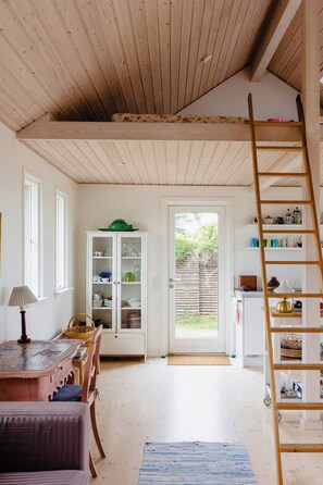 Une pièce avec un plafond en bois, une armoire blanche dotée de portes en verre, une échelle en bois et une porte donnant sur l’extérieur.