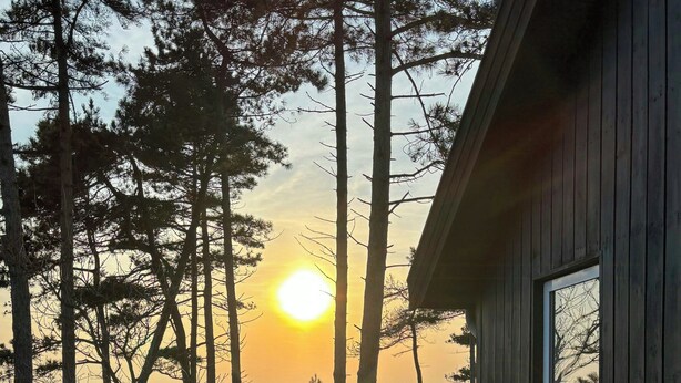 A wooden deck with a table and chairs, overlooking a body of water and trees. - Unspoiled view to the sea and wild nature (Store Fuglede)