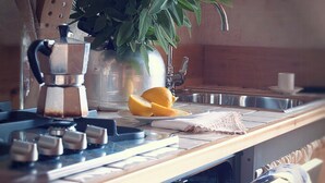Uma bancada de cozinha com uma cafeteira, uma planta e metade de um limão.