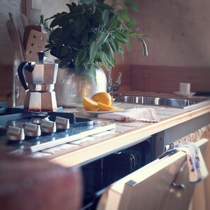 Eine Küchenarbeitsfläche mit Kaffeemaschine, einer Pflanze und einer halben Zitrone.