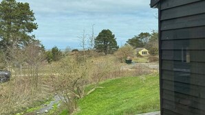 Uitzicht vanuit een raam op een gazon met een houten constructie, een pad en bomen.