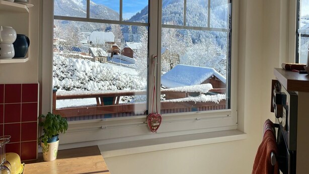 Une cuisine avec une grande fenêtre, une plante en pot et un objet décoratif en forme de cœur.