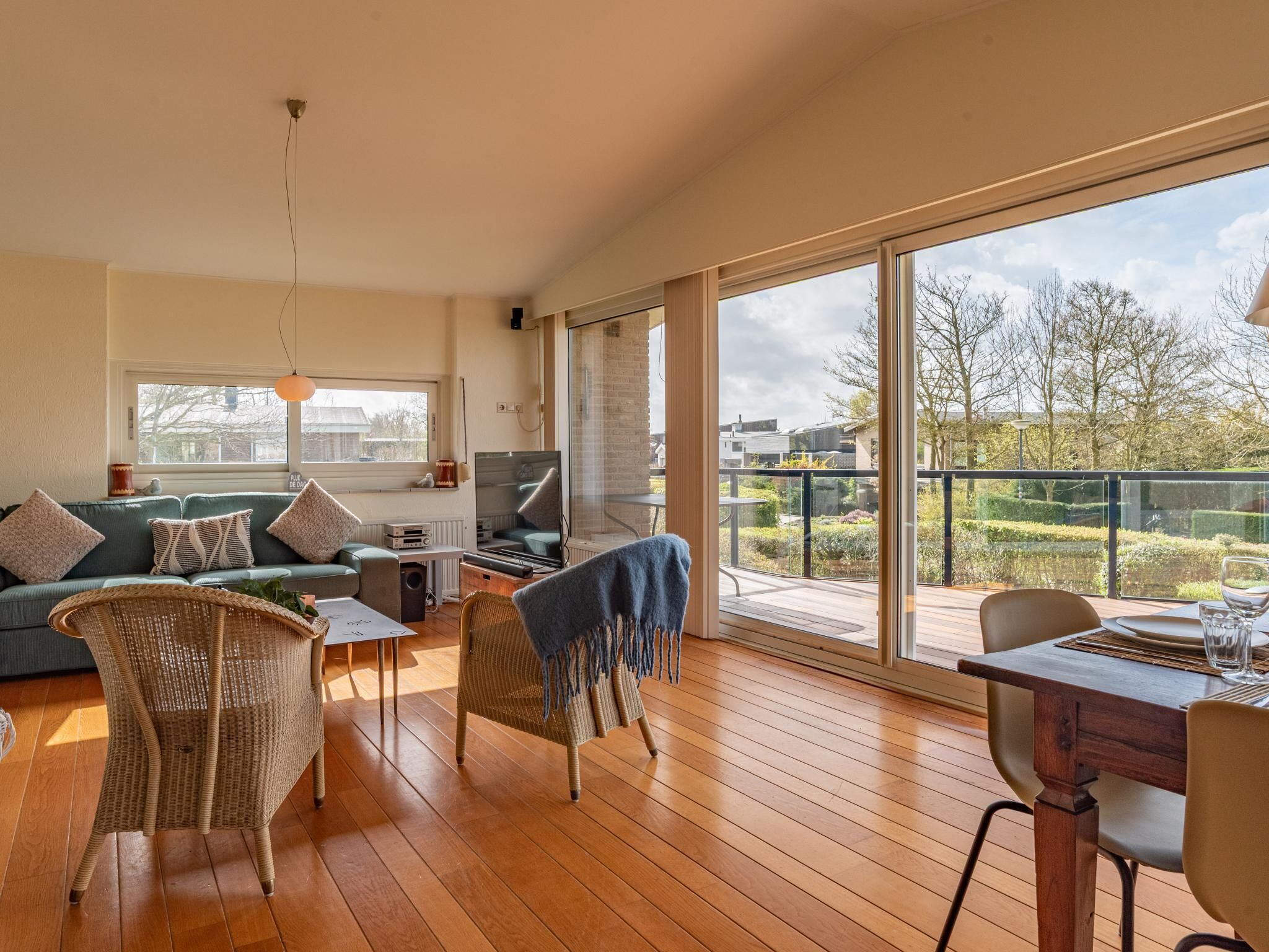 Een ruime woonkamer met een bank, stoelen, een eettafel en een televisie.