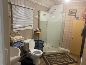 Un baño pequeño con inodoro, ducha y lavamanos.