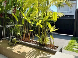 A garden with various plants and a hose coiled on the ground.