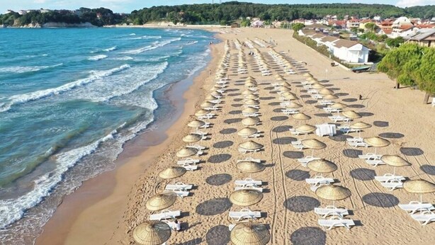 Una playa con filas de tumbonas y sombrillas, cielo despejado y una costa con edificios al fondo.