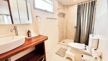 Shower, hair dryer, towels