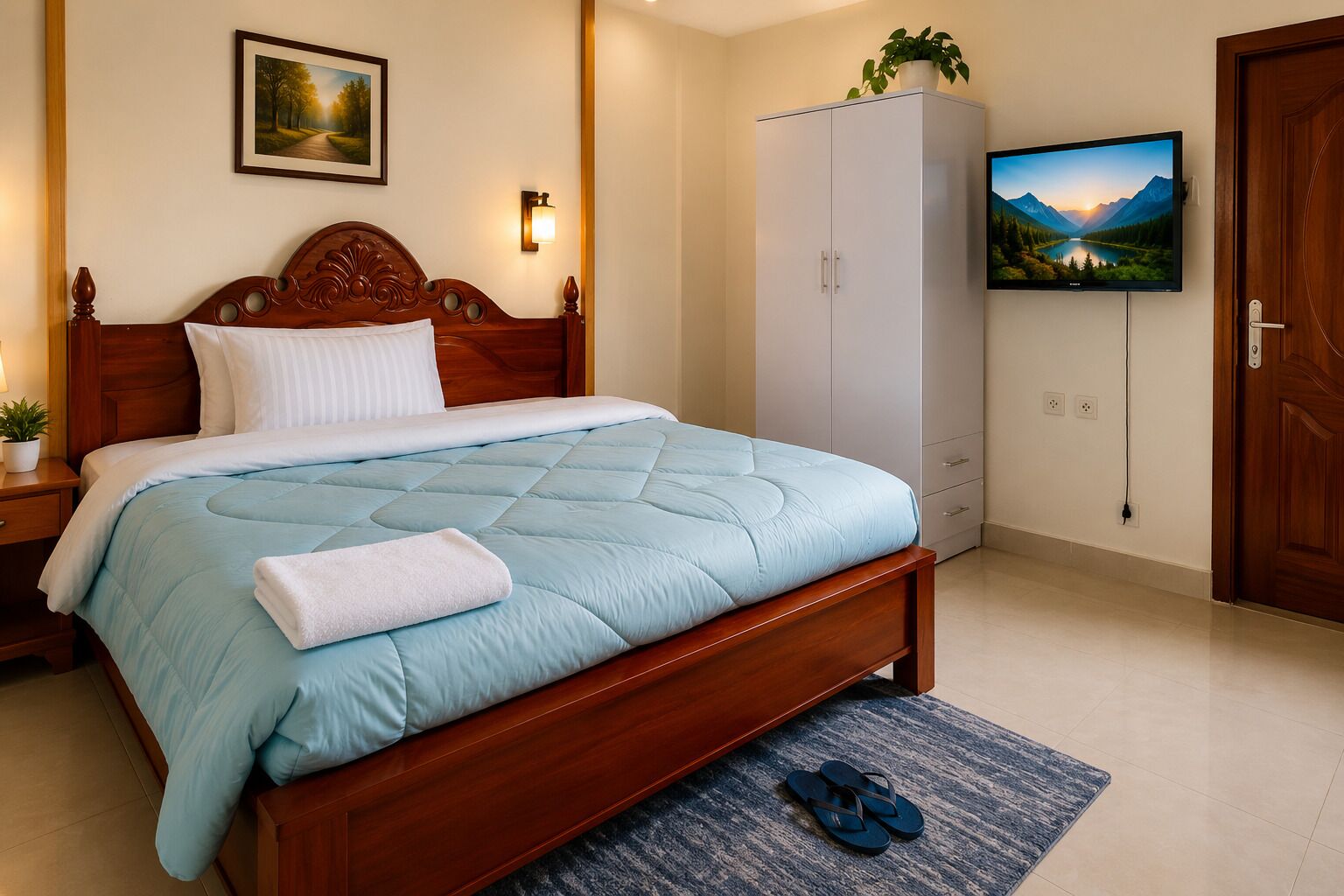 Una cama bien tendida con colcha azul, cabecera de madera, mesita de noche blanca con una planta, armario, televisor en la pared y una puerta.