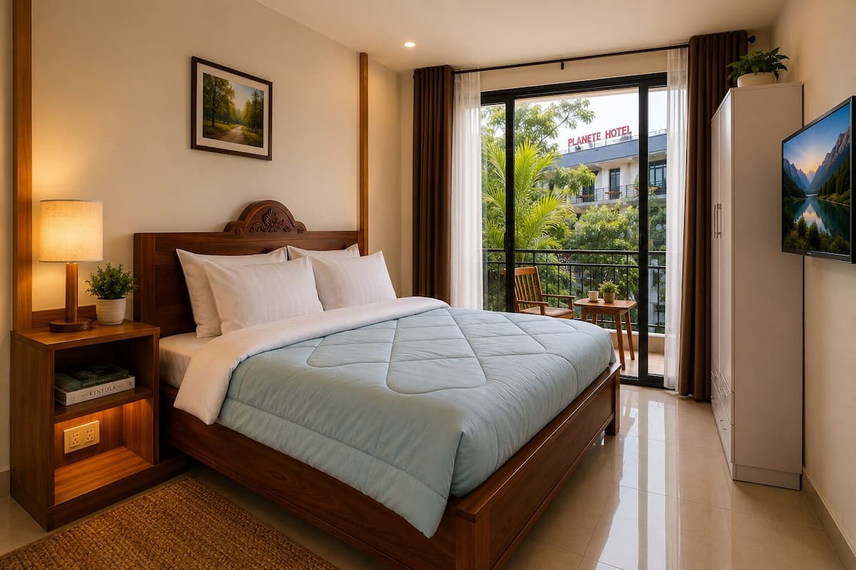 Habitación de hotel con cama, mesita de noche, televisor y balcón con vistas al hotel y vegetación.