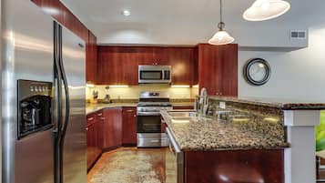 Fridge, microwave, dishwasher, coffee/tea maker