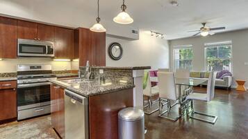 Fridge, microwave, dishwasher, coffee/tea maker