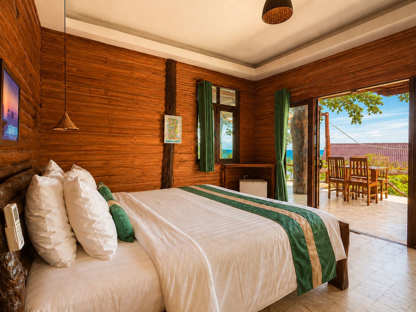 A wooden room with a bed, a desk, and a view of the outdoors.