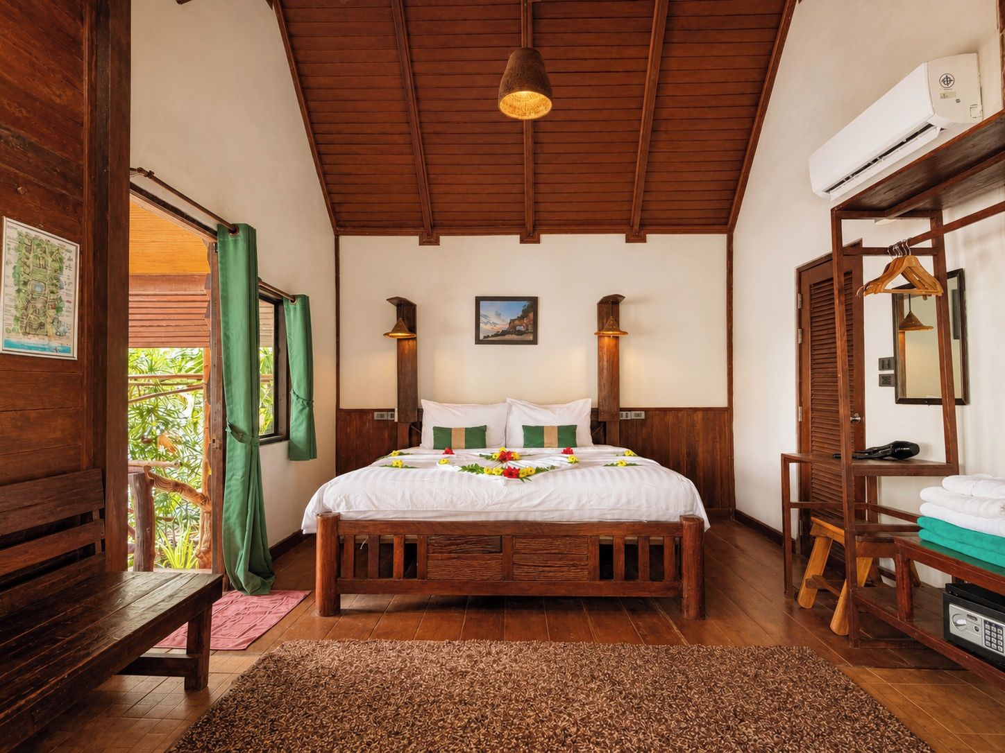 A wooden-framed room with a bed, a bench, a hanging light fixture, and an air conditioning unit.