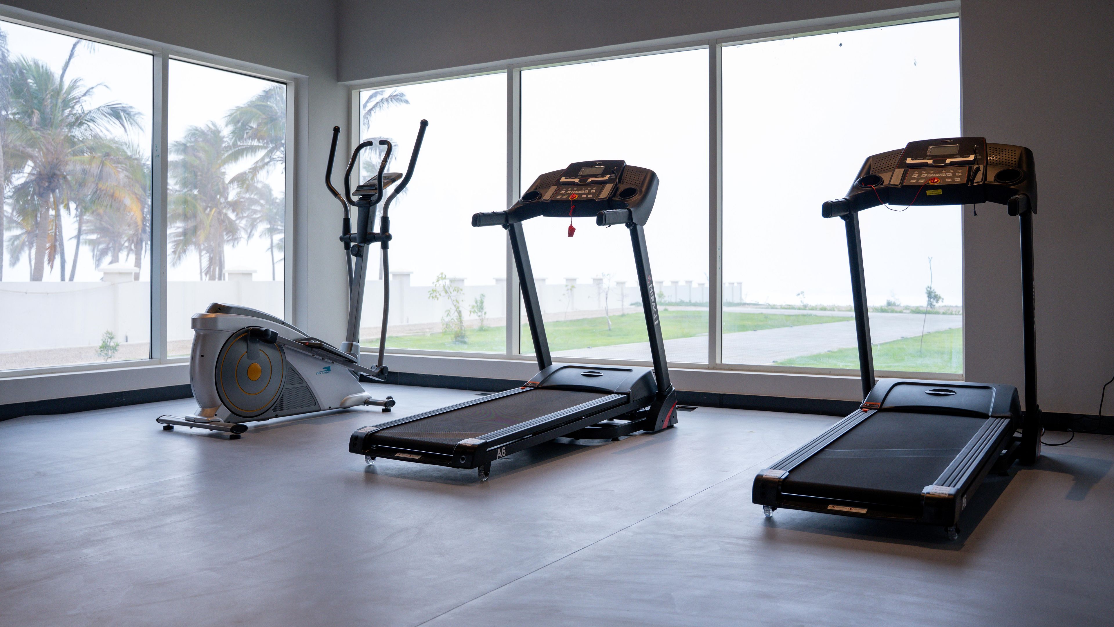 Ein Fitnessraum mit Cardiogeräten, darunter ein Ergometer, zwei Laufbänder und ein Rudergerät.
