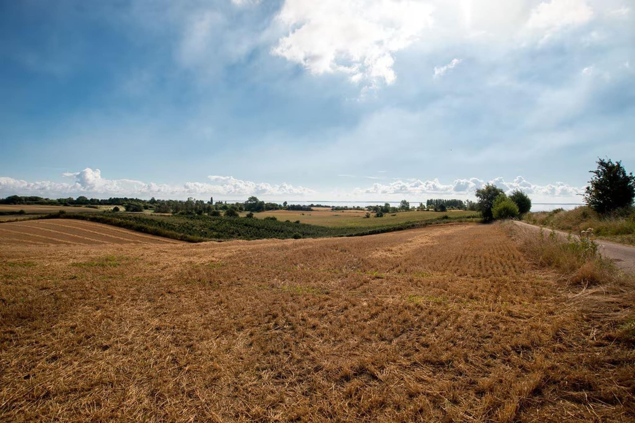 A rural landscape with fields, a road, and distant trees under a partly cloudy sky.