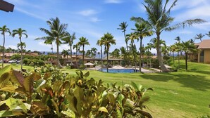 Un complexe hôtelier doté d’une piscine, de palmiers et offrant une vue sur l’océan.