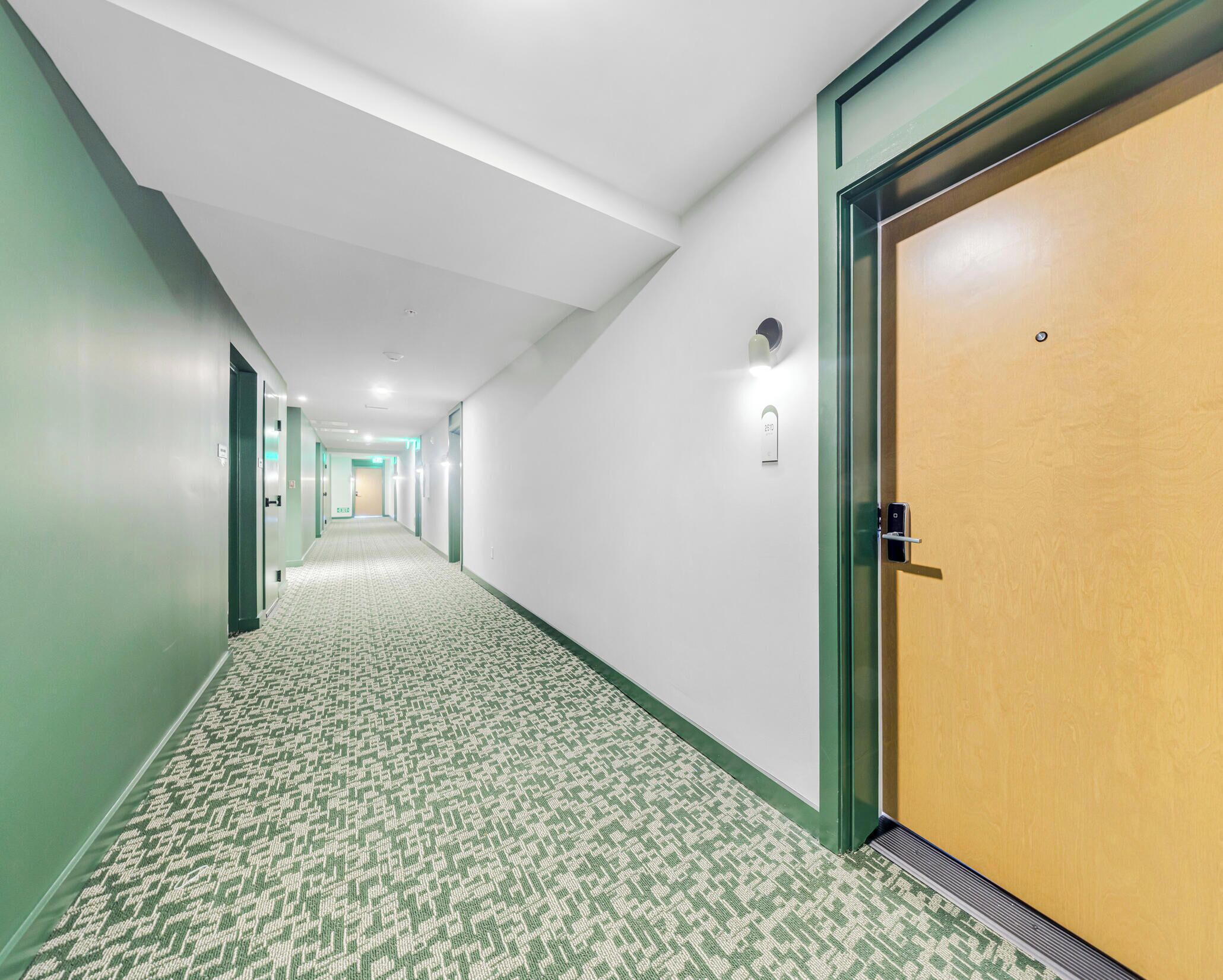 A hotel corridor with a patterned carpet, green walls, and a wooden door.