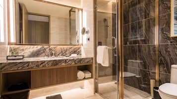 Hair dryer, slippers, towels, soap