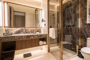 Hair dryer, slippers, towels, soap