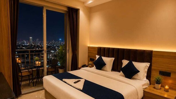 Habitación de hotel moderna con una cama grande, ventilador de techo, mesita de noche y vista a la ciudad por la noche.