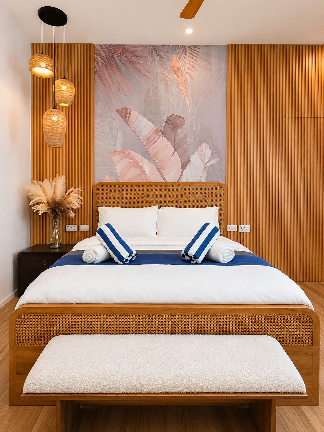 A modern bedroom with a wooden headboard, a large bed with white bedding, two blue-striped pillows, a wooden bench at the foot of the bed, and a wall-mounted light fixture.