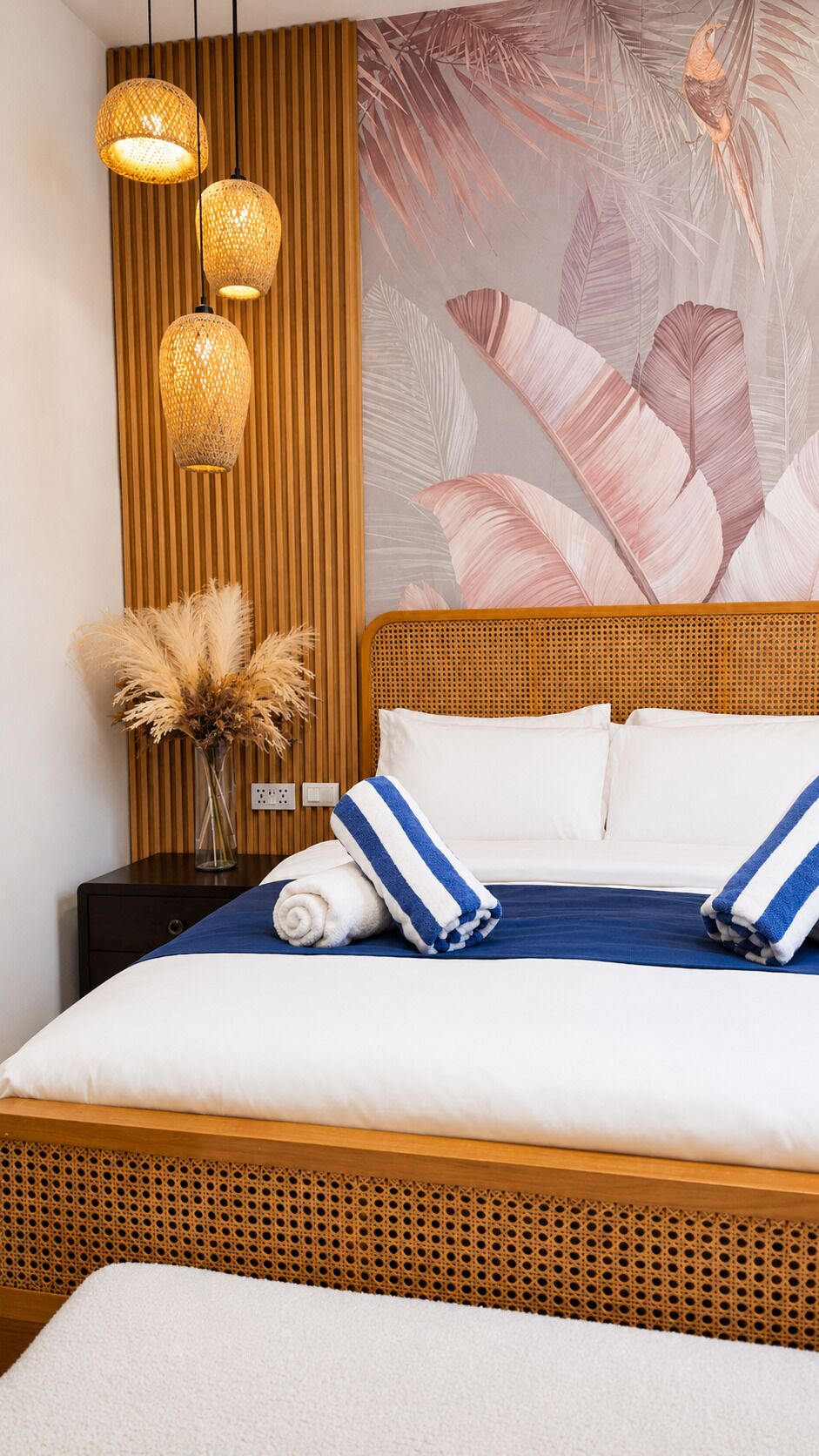 Una cama con ropa de cama blanca y azul, un cabecero de madera y una pared con diseño de hojas.