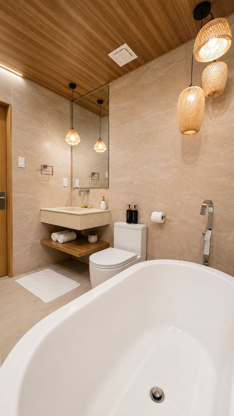 A modern bathroom with a wooden ceiling, a freestanding bathtub, a vanity with a mirror, and wicker pendant lighting.