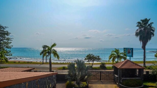 Vista de platja amb palmeres, una construcció petita i un camí que condueix a la platja.