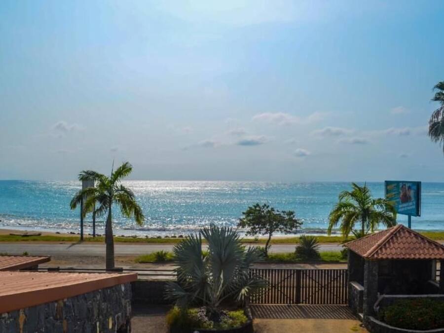 A beach view with palm trees, a small structure, and a road leading to the beach.