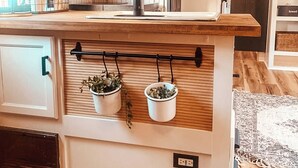 A compact kitchen with a wooden countertop, hanging plants, and a visible electrical outlet.