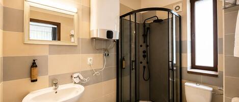 Une salle de bain comprenant un espace douche, un lavabo, des toilettes et un miroir.