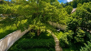 A lush garden with a stone pathway leading through various green plants and trees.