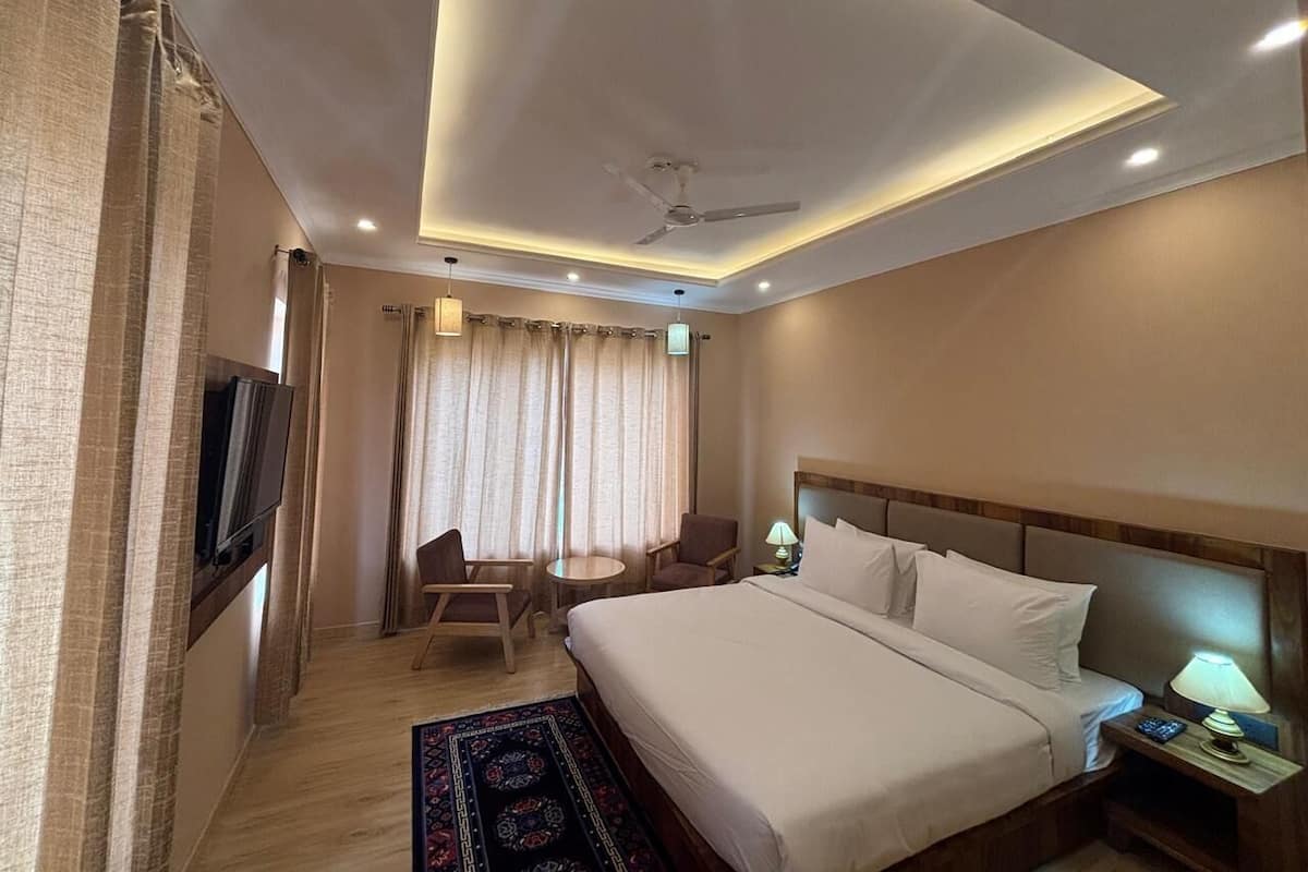 Hotelkamer met een bed, televisie, bureau, stoel, lamp en plafondventilator.